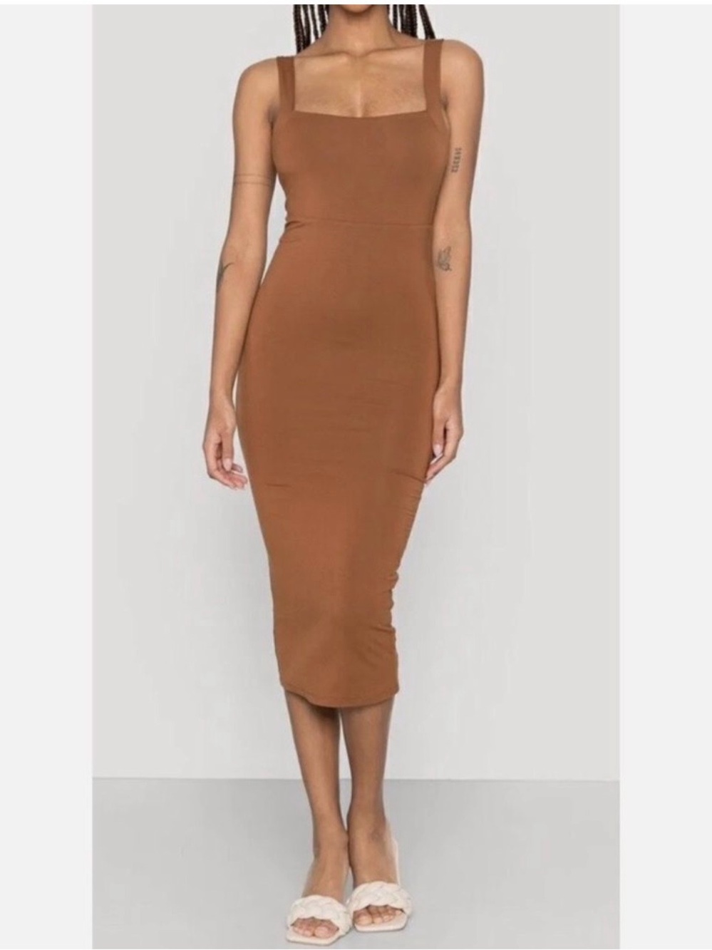 Good American 90s Brown Stretch Slip Dress - Sleek Midi (Brown)
